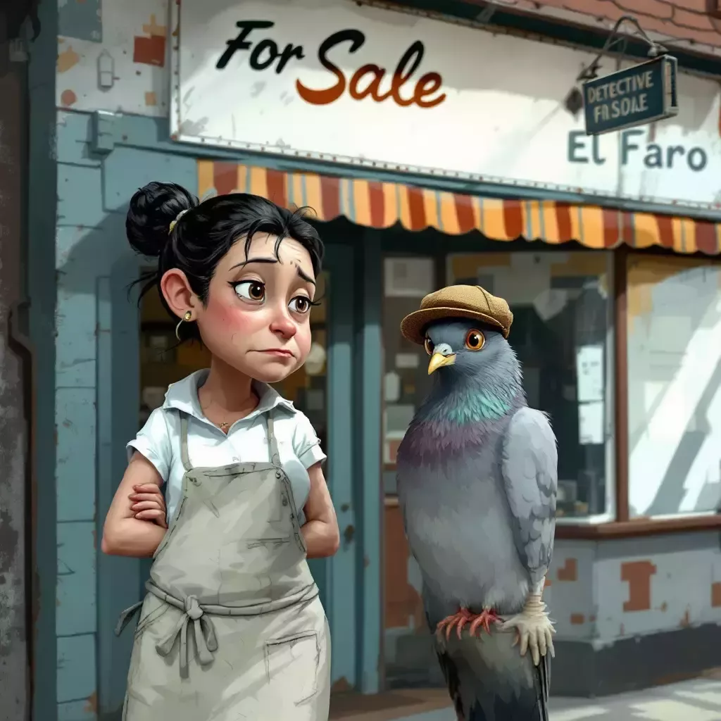 Raymunda stands in front of a 'For Sale' sign outside El Faro, looking determined but sad. A curious pigeon wearing a tiny detective hat is perched nearby.