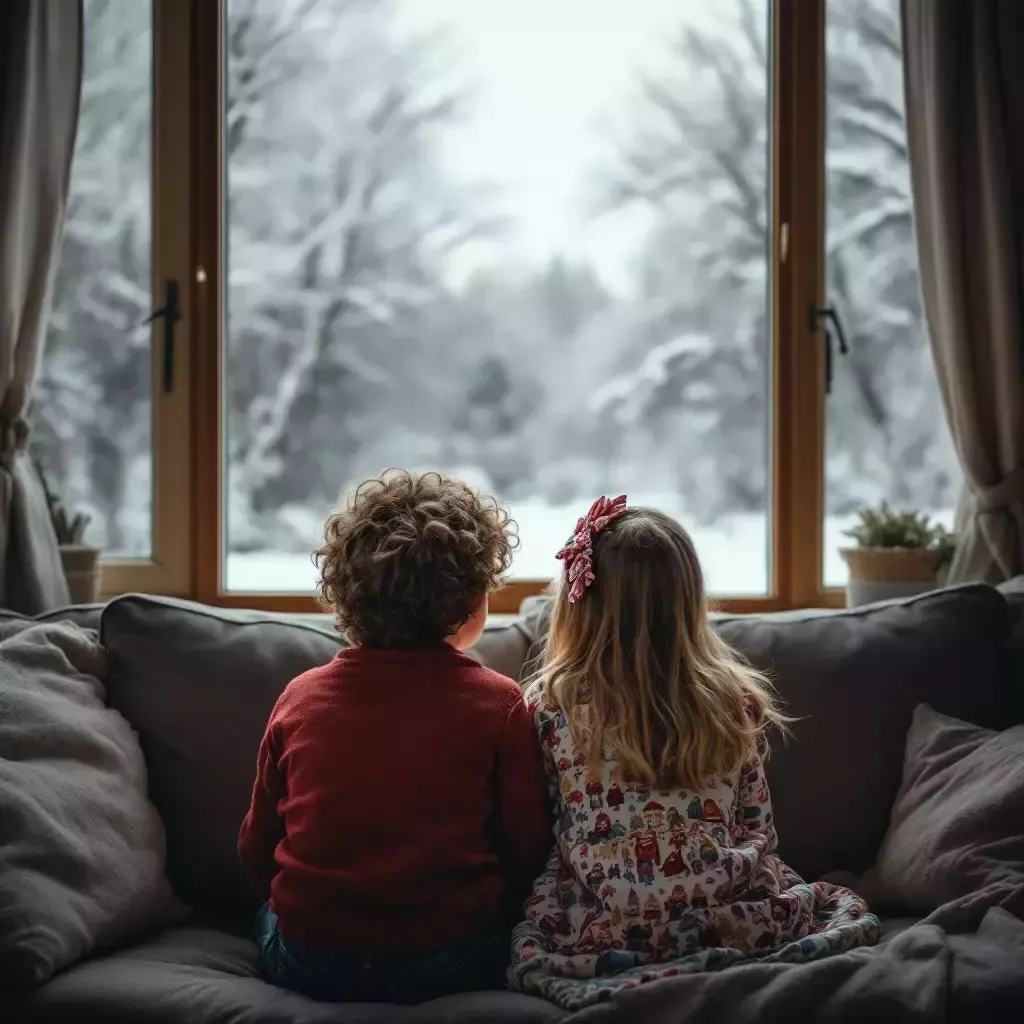 A cozy living room where a brother and sister, sitting on a couch, look out of the window at the dreary, snowy landscape.