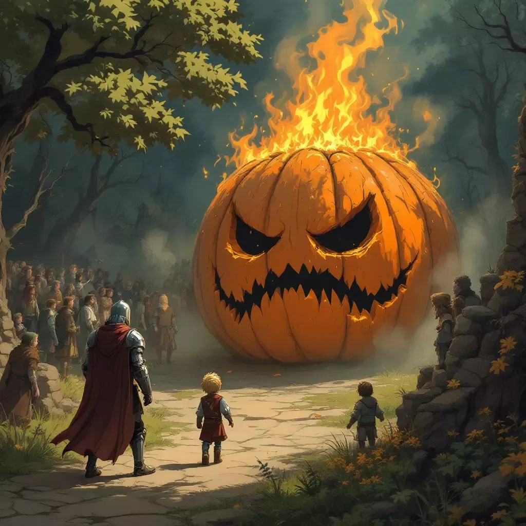 The pumpkin, now sweating, attempts one more prophecy. The villagers, however, are losing interest and walking away, leaving only Henry and the knight.