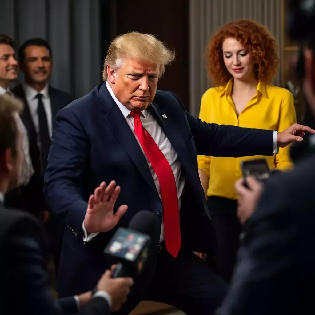 Trump begins an awkward dance move, reminiscent of the robot. His arms move rigidly, and his expression is one of concentration. A few reporters chuckle, while others are in disbelief.