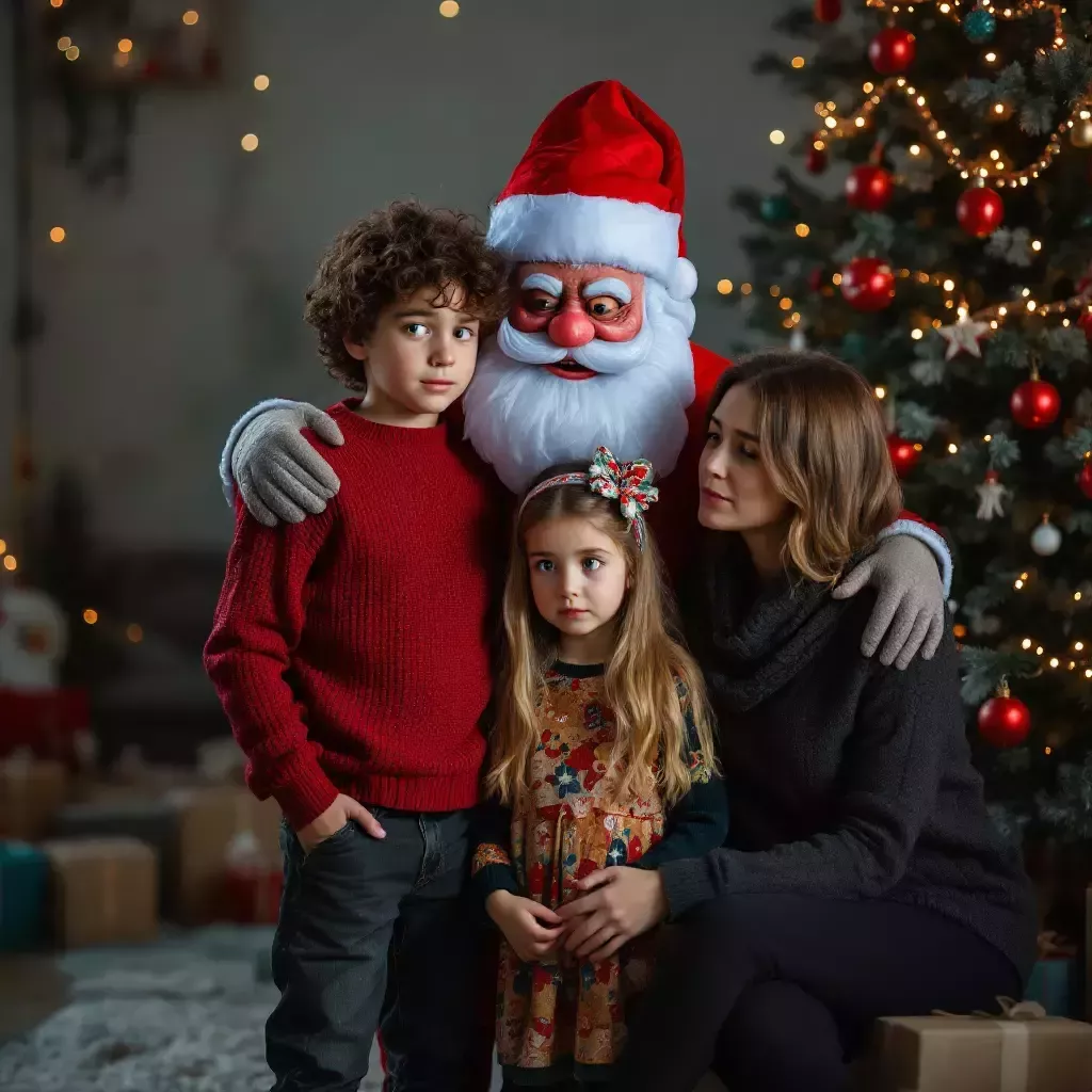 Mom smiles and puts her arm around a creepy inflatable Santa. The kids sadly look under an empty tree with no presents 