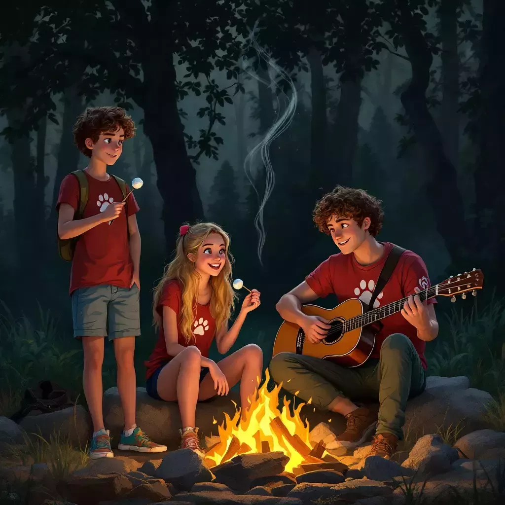 The students, now whispering, are gathered around the campfire again. Emily has marshmallows on her stick, and Jake is playing a guitar softly.