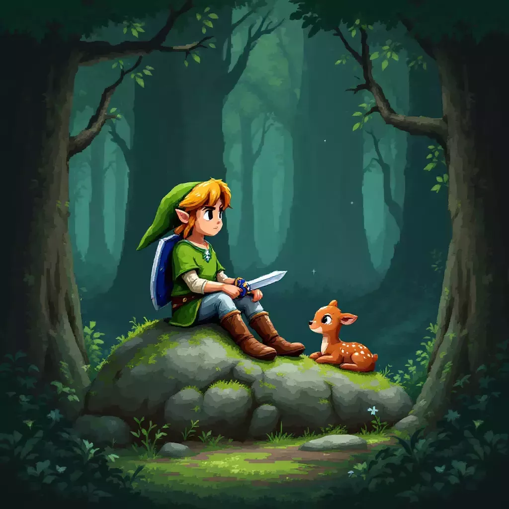 Link stands in a dense forest, his sword in one hand, looking at a small, innocent baby deer lying motionless on the ground. The sun filters through the treetops, casting a shadow over Link.