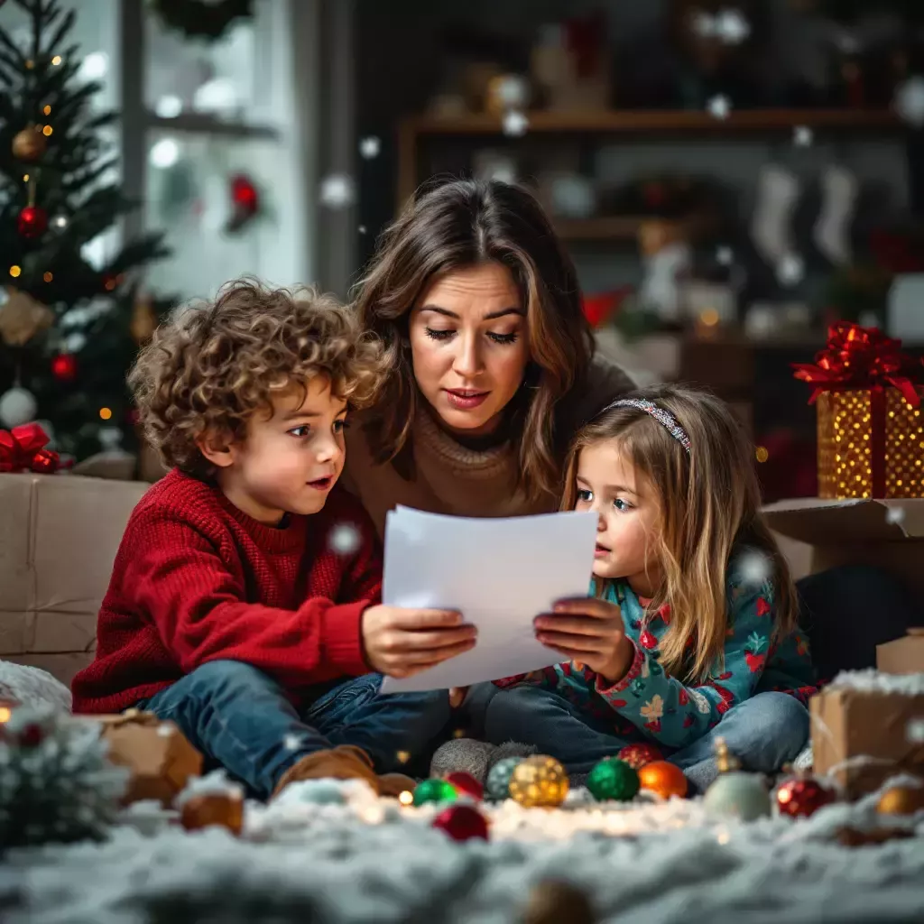 The mother, looking overwhelmed, surrounded by boxes of decorations and a long shopping list, while the brother and sister are having fun.