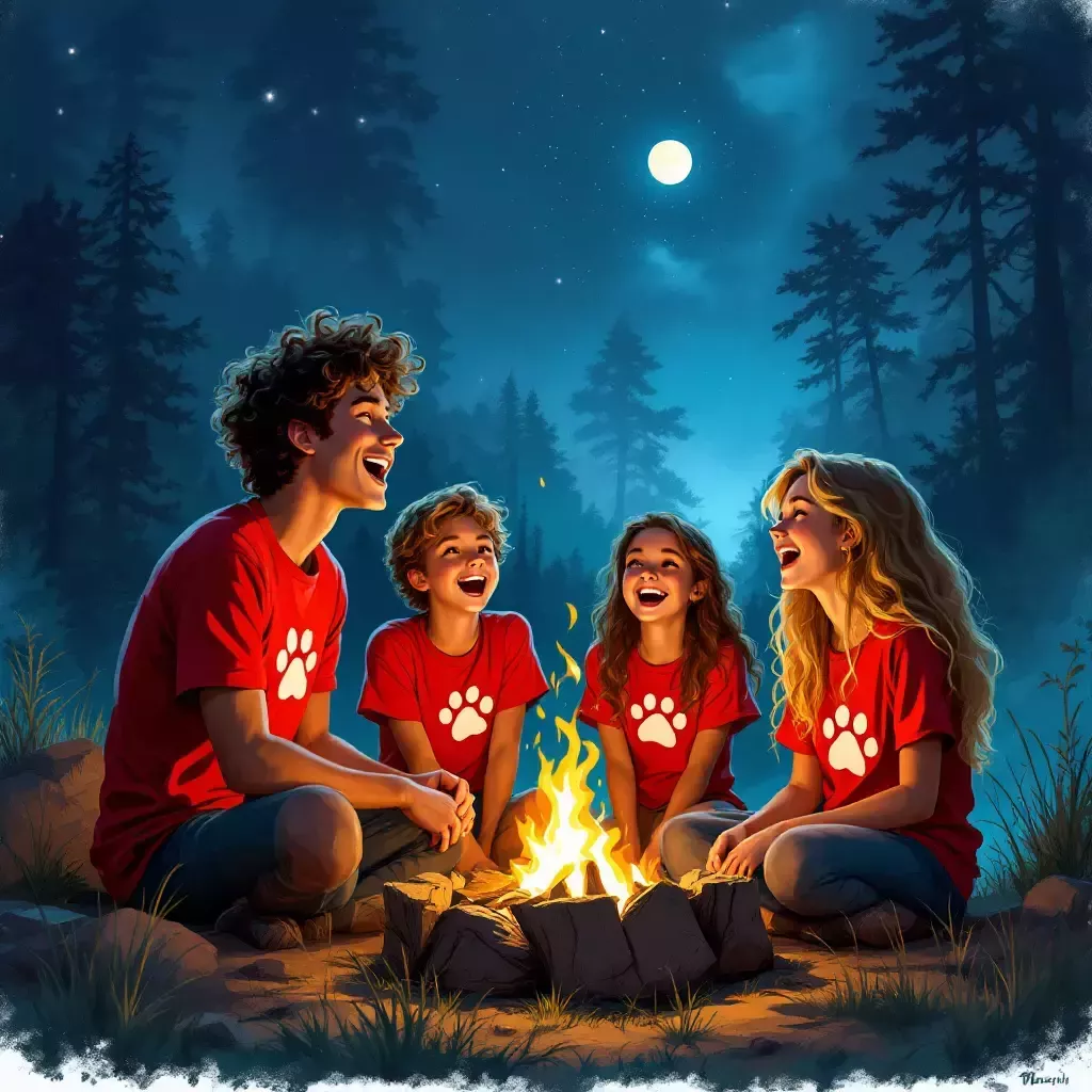 A group of students in red shirts with a white cat paw print are gathered around a campfire, laughing and singing loudly. The moon is shining brightly above them.