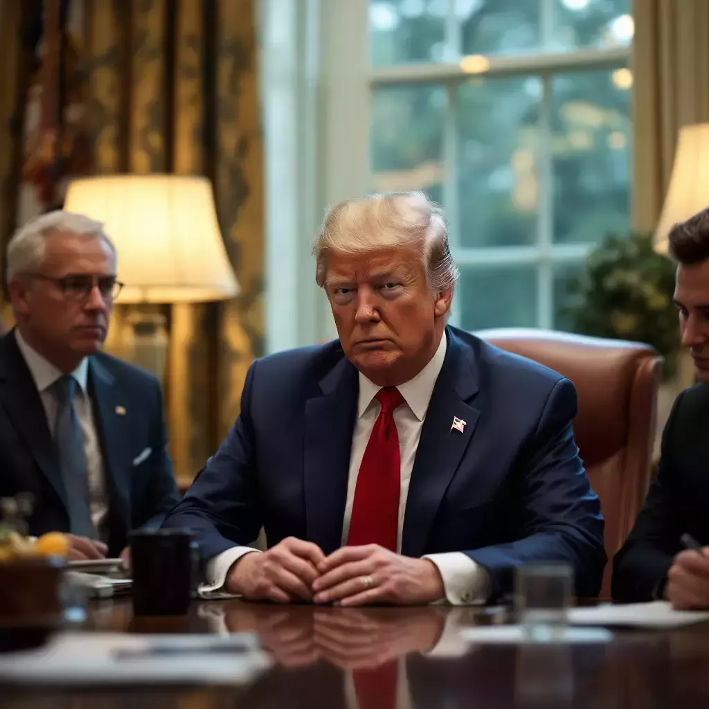 Back in the Oval Office, Trump is listening to the aides, who look both amused and exasperated.