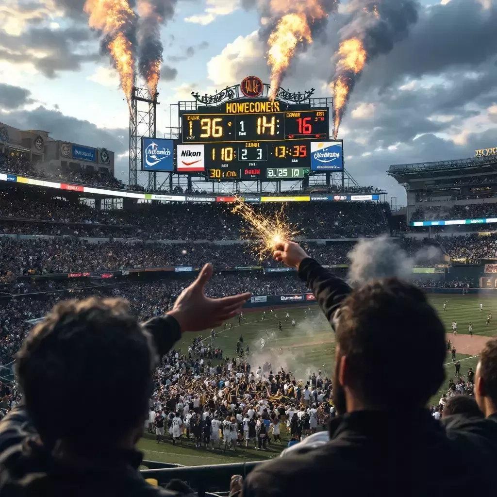 Max waves his wand again, and suddenly the scoreboard changes, showing an unexpected score in favor of the home team.