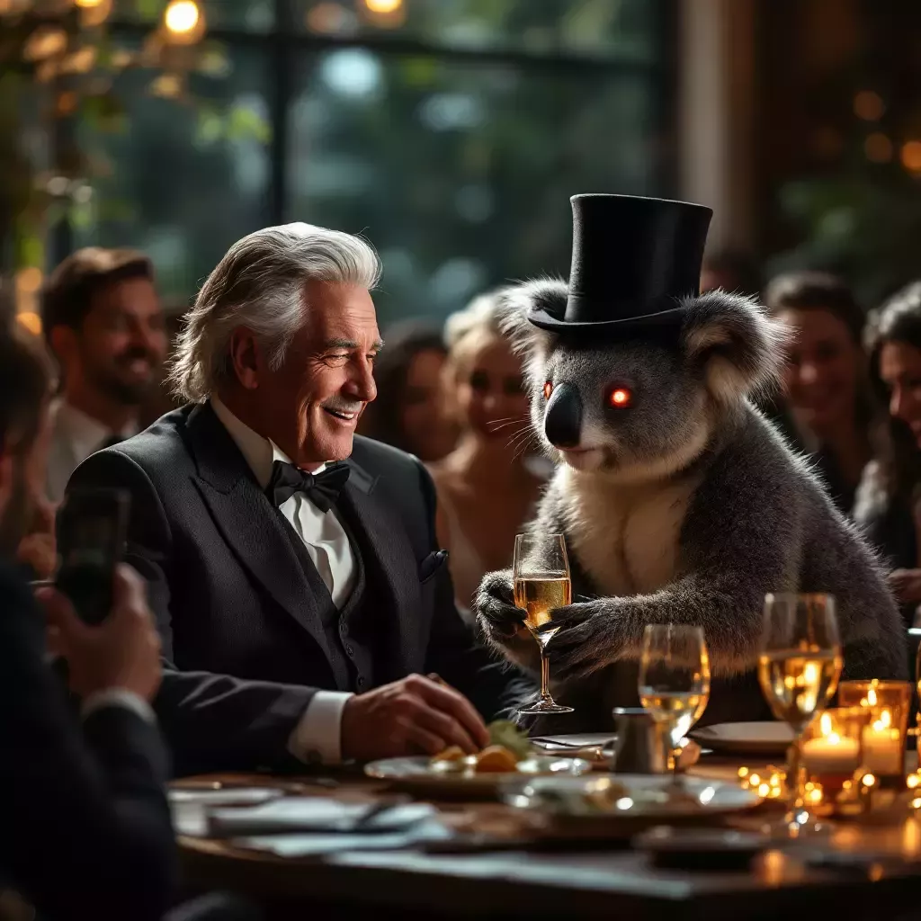 The rich man, now relaxed, is chatting with the koala who is wearing his top hat. Guests are laughing and taking selfies.