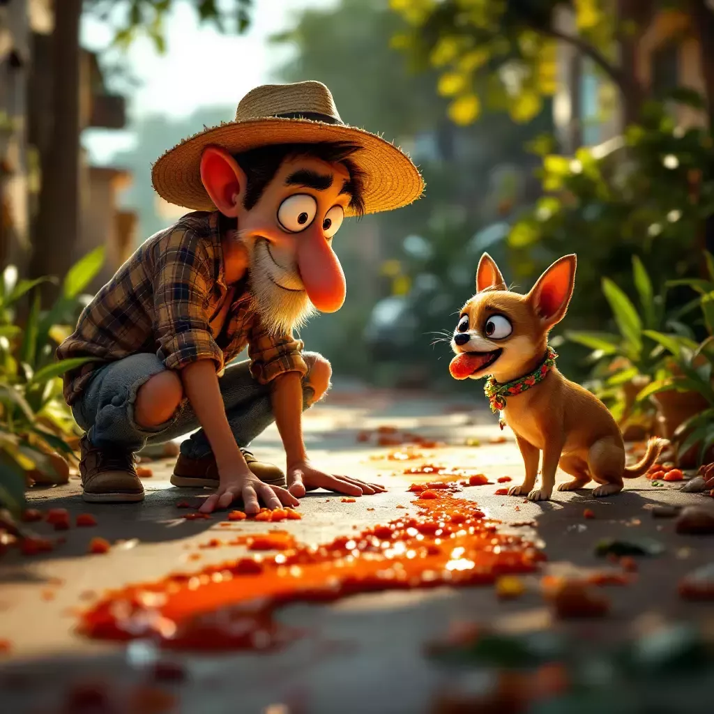 Jerry is crouched down, examining a trail of salsa that leads to a mischievous-looking Chihuahua with a huge grin, holding a taco in its mouth.