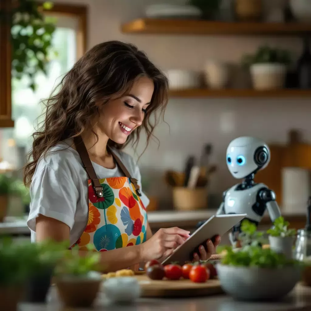 Mom typing into the tablet while AI responds with a virtual screen displaying bizarre substitutions.