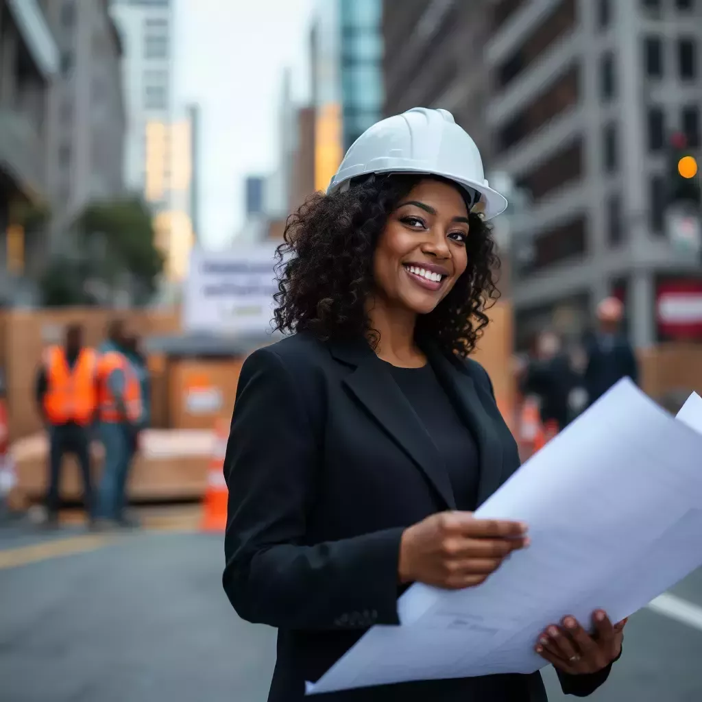 Mayor London Breed is now on the streets of San Francisco, wearing a construction hat and holding a blueprint. In the background, a construction crew is setting up a stage with a sign that reads "Homeless Initiative Launch."