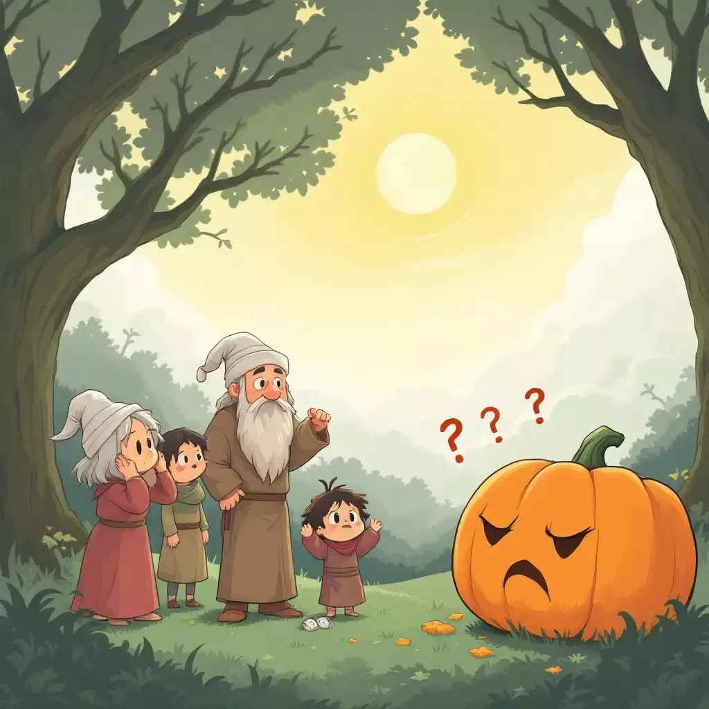 The villagers are scratching their heads, confused. The pumpkin looks slightly embarrassed.