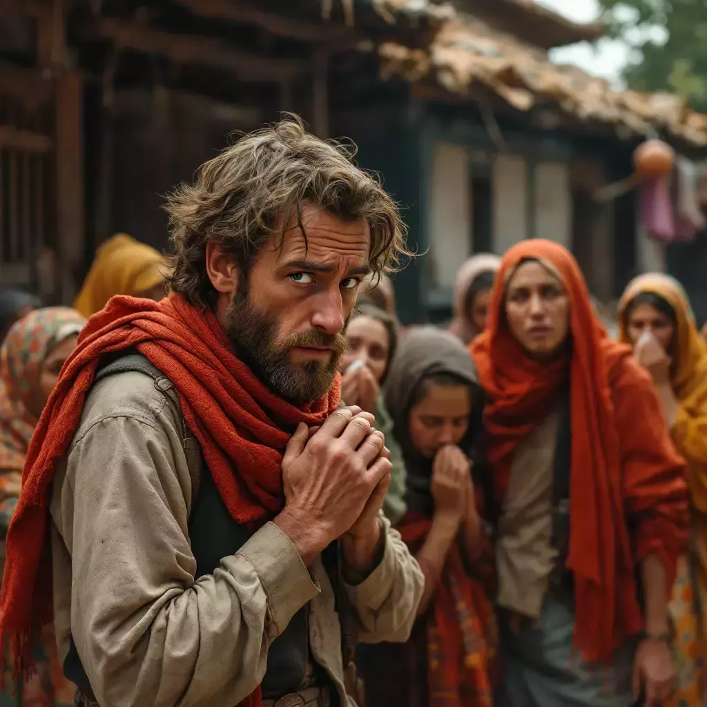 Duncan, wearing a red scarf, approaches a small group of villagers. They hold their noses and look distressed.