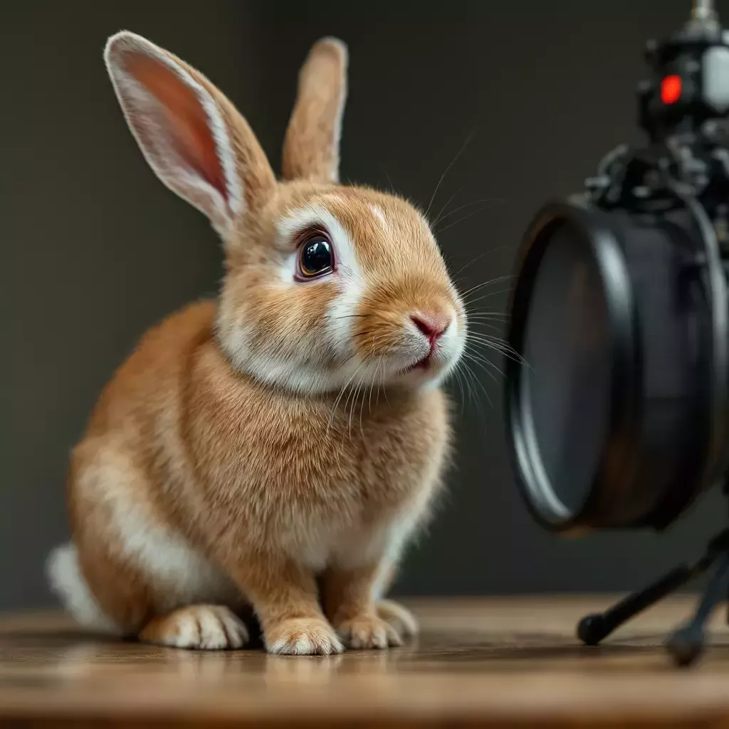 A close-up of the rabbit, now sitting on the microphone, looking bewildered as Max continues unfazed.