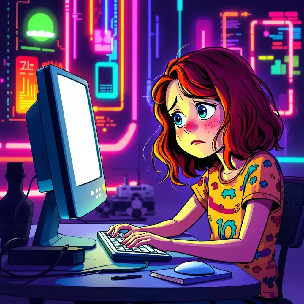 Carrie, a young girl with should length brown hair, is sitting at a computer, looking frustrated as she tries to log in.