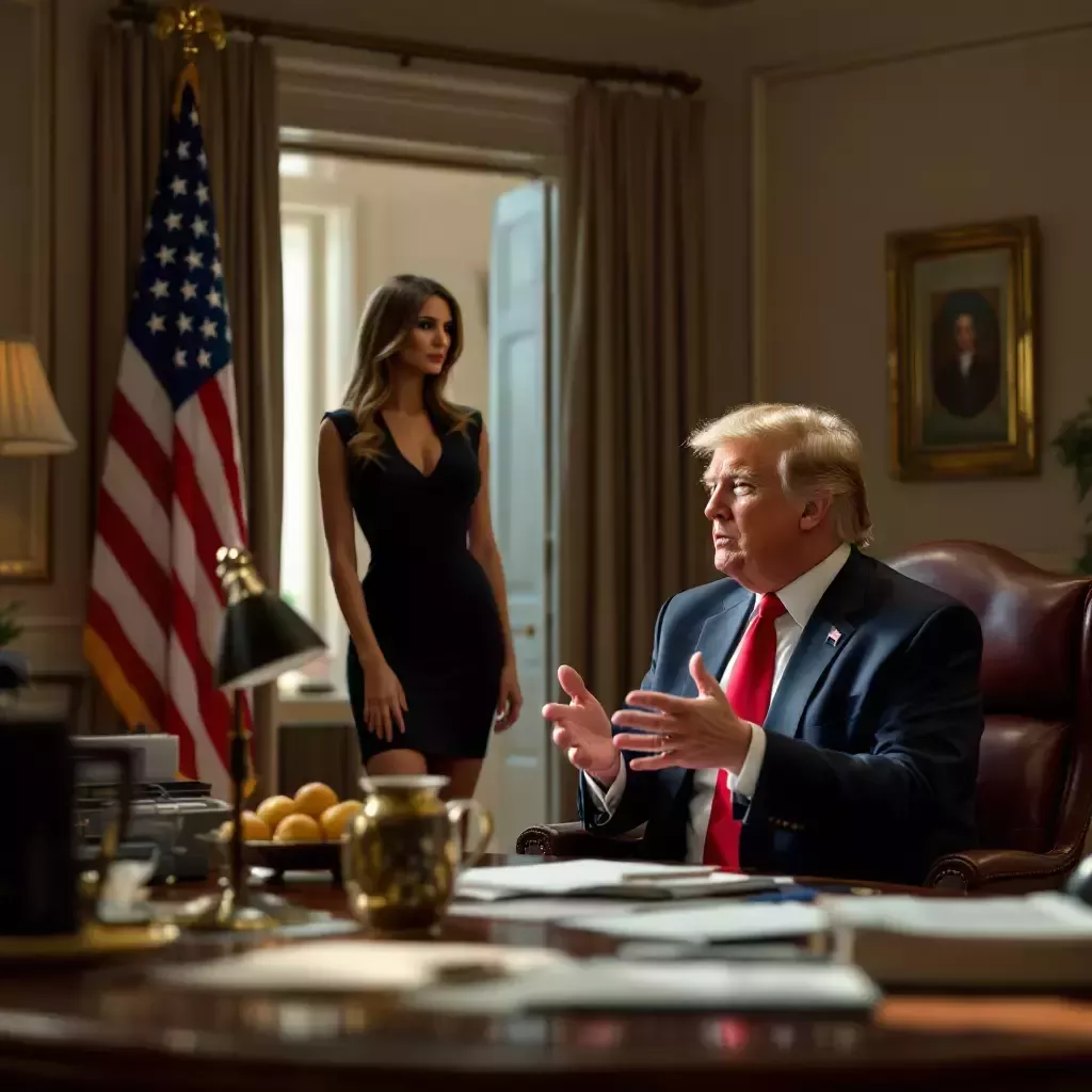 Donald Trump is in his office, talking to his staff about the campaign. Melania stands in the doorway, rolling her eyes.