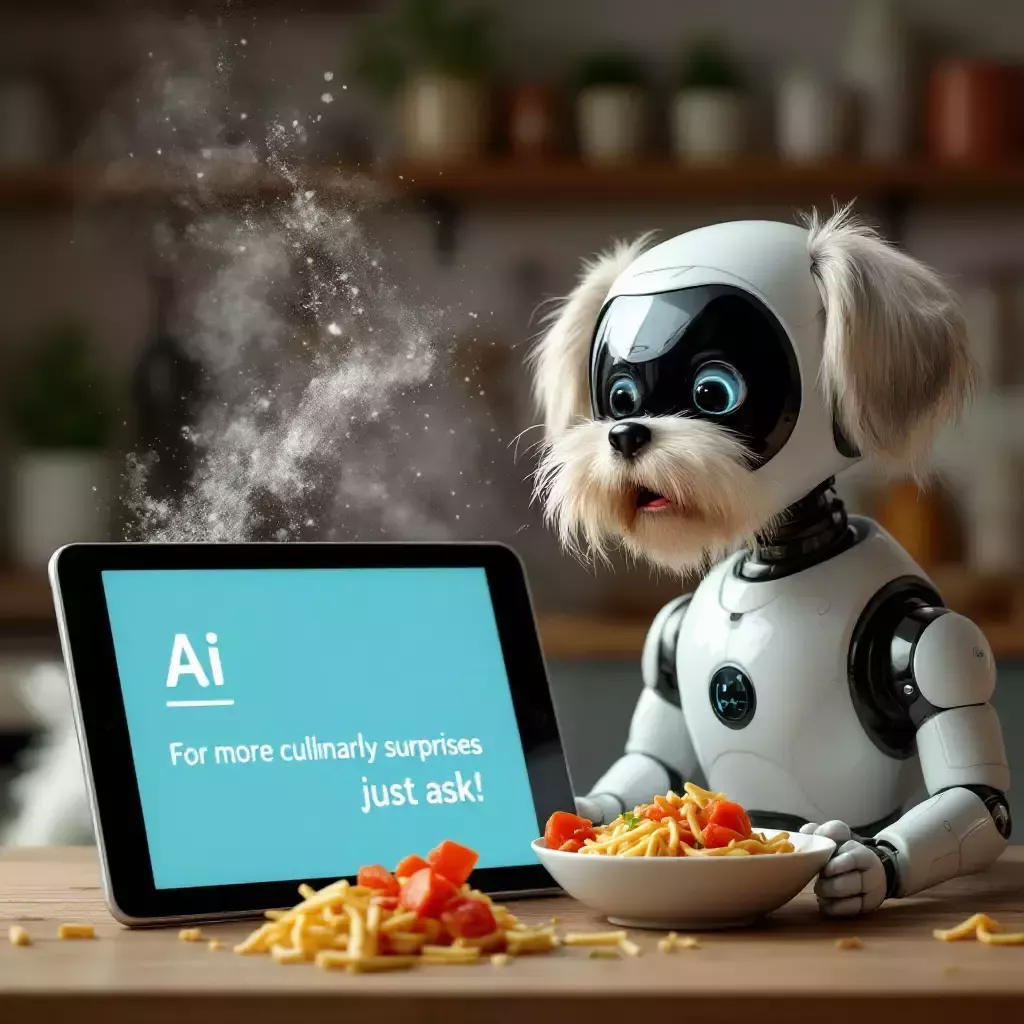 The scruffy white dog is in the background spitting out his food.  The AI robot with a cheeky smile and a message: "For more culinary surprises, just ask!".  