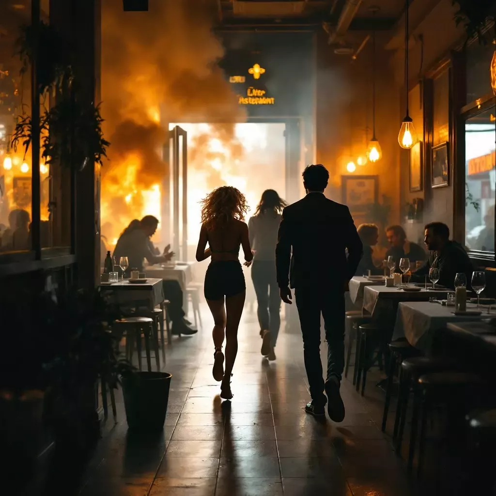 The restaurant is in chaos with smoke filling the air, and patrons rushing towards the exit. The gang is running outside.